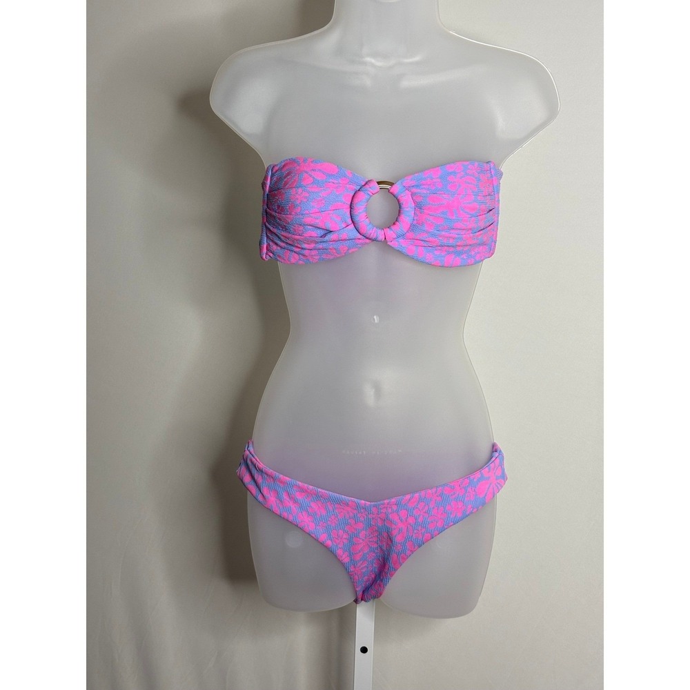 Kulani Kinis | Pink Blue Floral Textured Bandeau Bikini Set Ring Detail | Small - Picture 3 of 5
